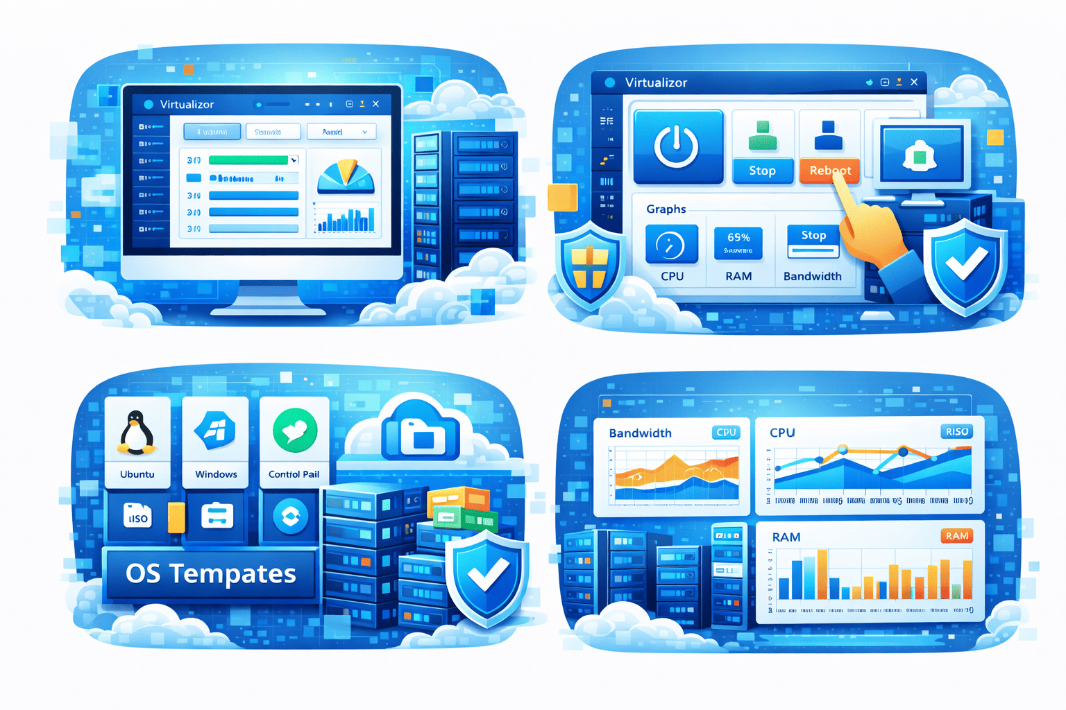 Virtualizor VPS management interface overview showing admin and client controls